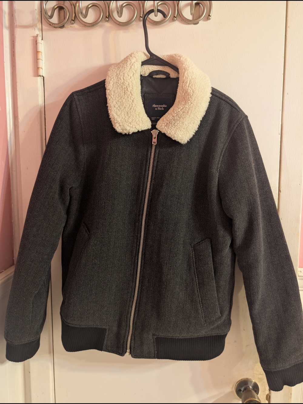 Abercrombie & Fitch Dark Gray Bomber Jacket with Cream Sherpa Collar